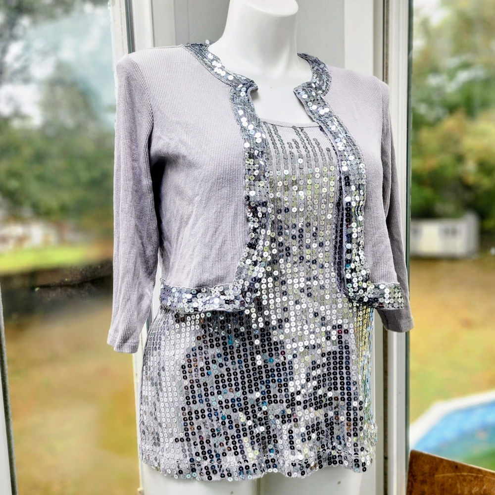 Denim 24/7 Silver Sequin Tank Top and Cardigan Set